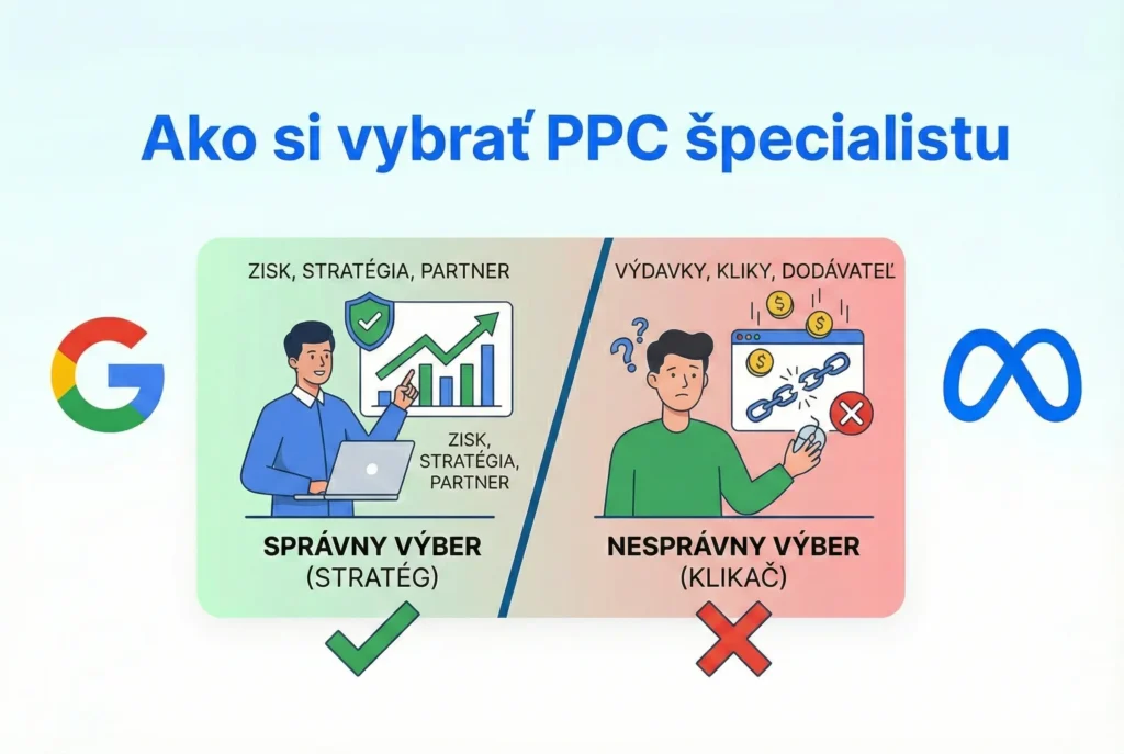 Správny vs. Nesprávny výber PPC špecialistu. Naľavo je stratég s grafom zisku, naľavo klikač, ktorý len míňa peniaze.