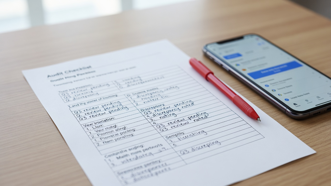 Vytlačený audit checklist s ručne písanými poznámkami a červeným perom na drevenom stole