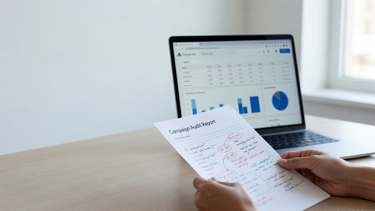 Audit Google Ads účtu - laptop s Google Ads dashboardom a vytlačený report s poznámkami